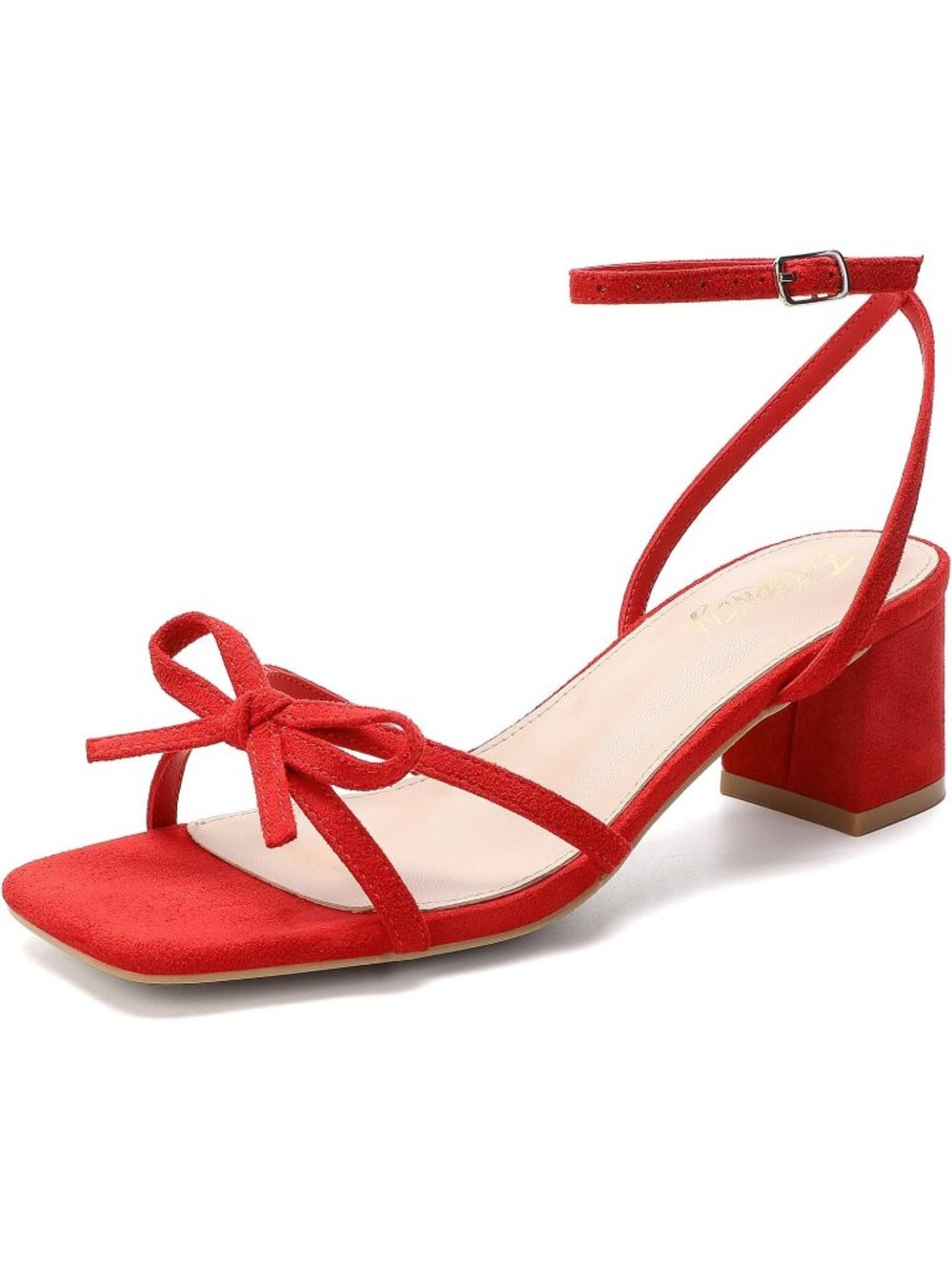 Women's Red Suede Square Open Toe Bow Strappy Block Chunky Low Heels Sandals
